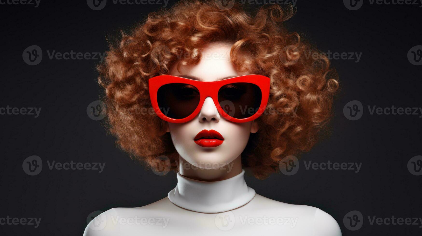 Fashion portrait of beautiful woman with red curly hair and sunglasses. Generative AI photo