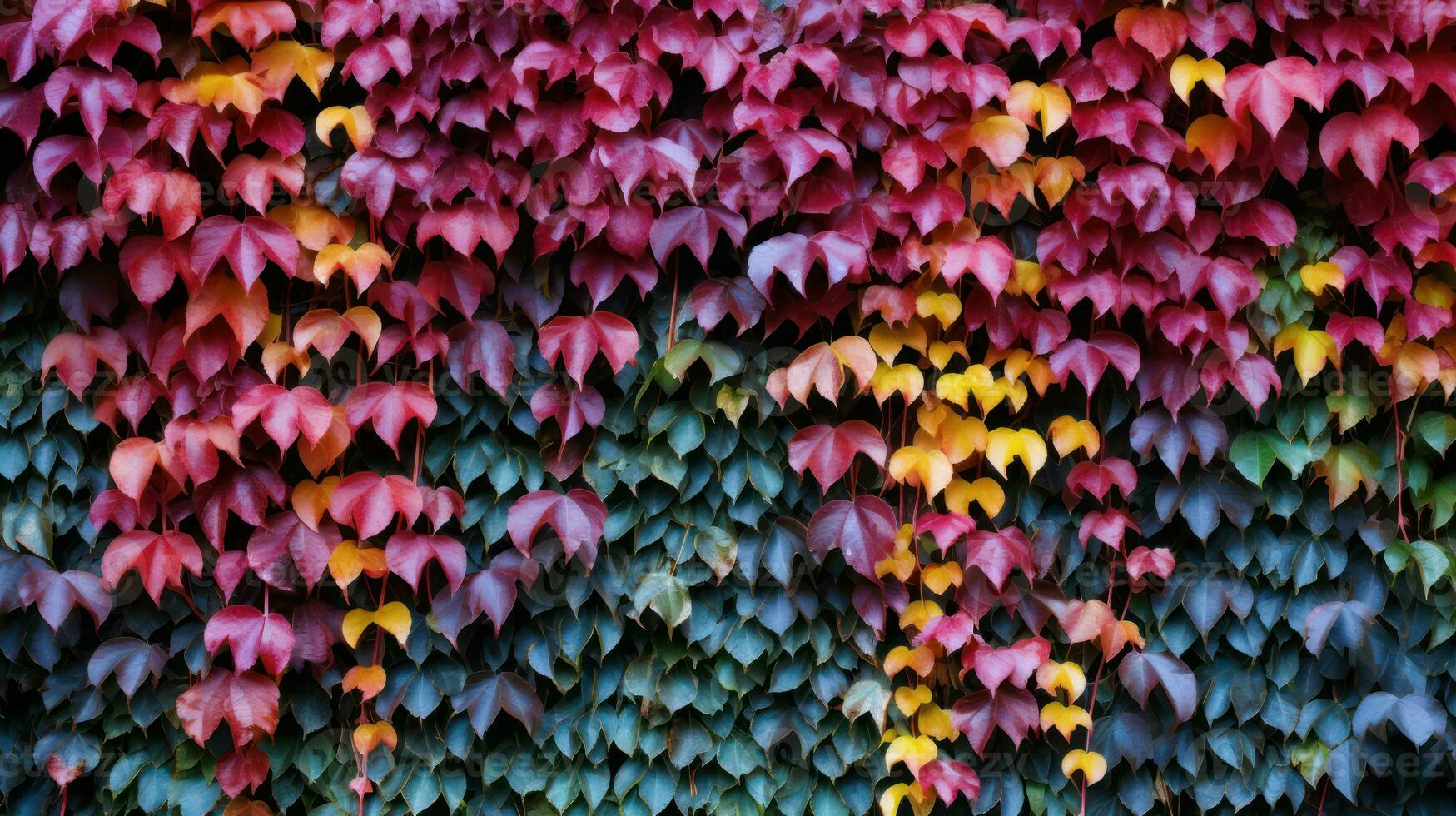 Colorful autumn leaves on the wall as a background. Texture. Generative AI photo