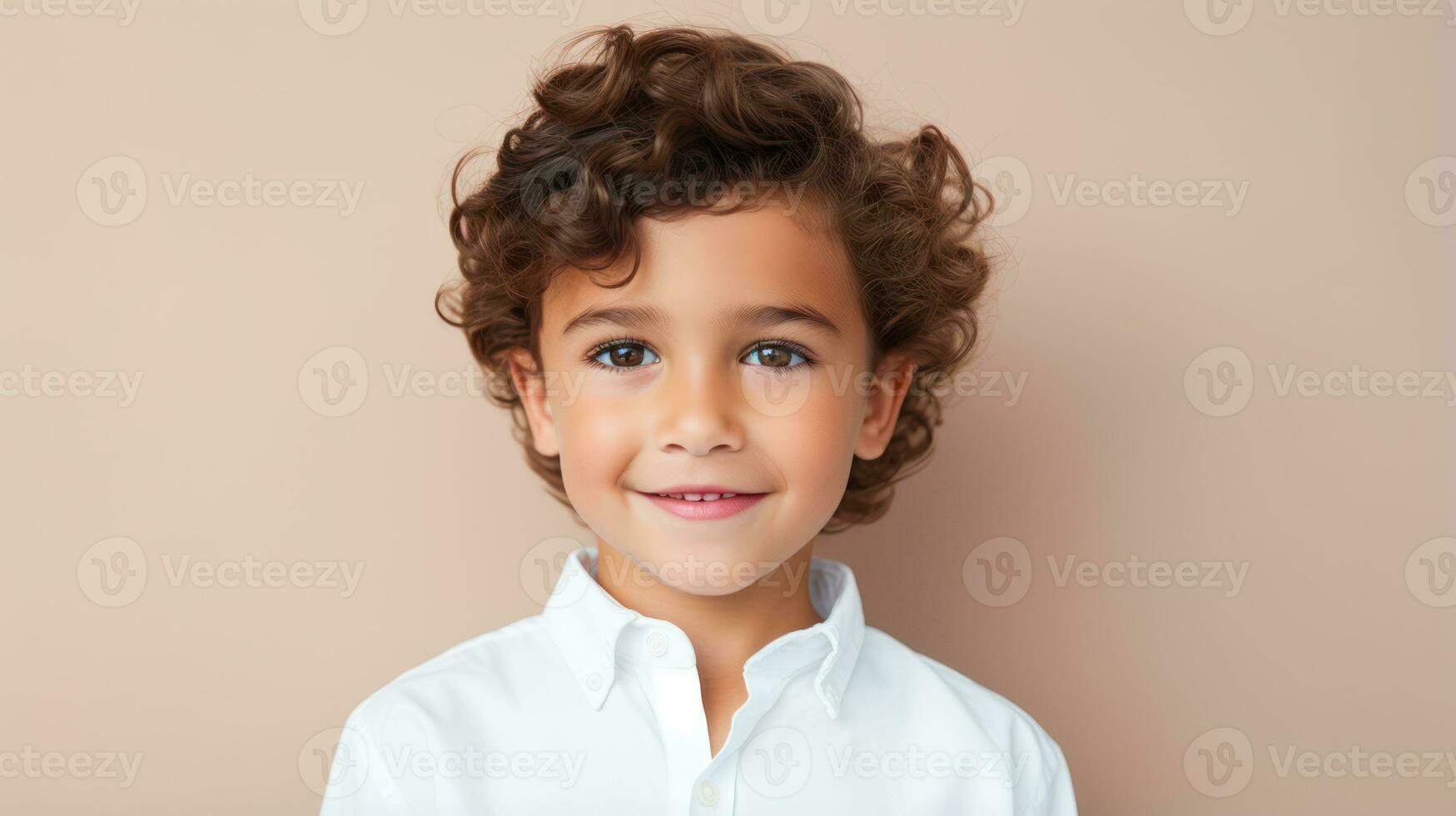 Cute little boy with curly hair in white shirt on beige background Generative AI photo