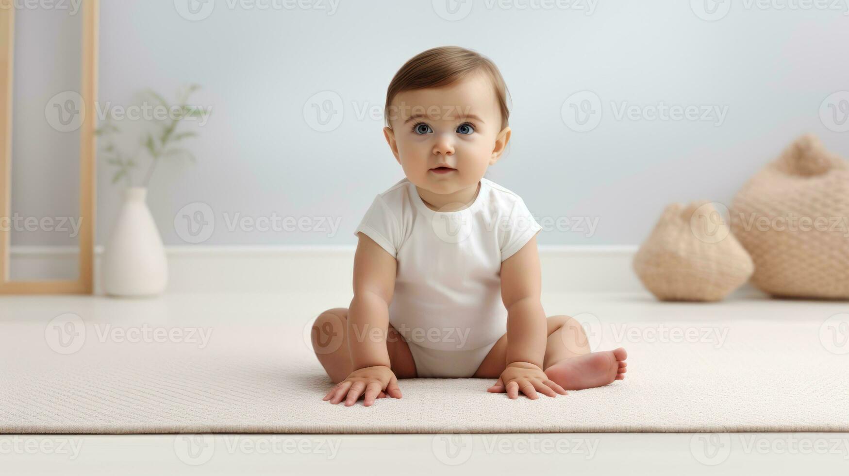 Cute baby sitting on the floor at home. 3d rendering Generative AI photo