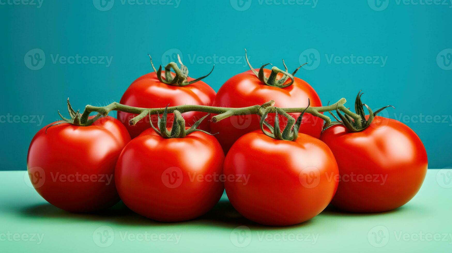 Fresh red tomatoes on a green background. 3d render, 3d illustration Generative AI photo