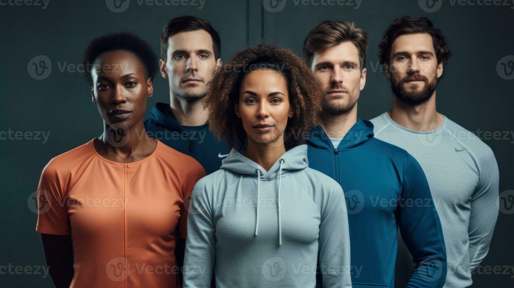 Group of multiethnic young people in sportswear posing in studio Generative AI photo