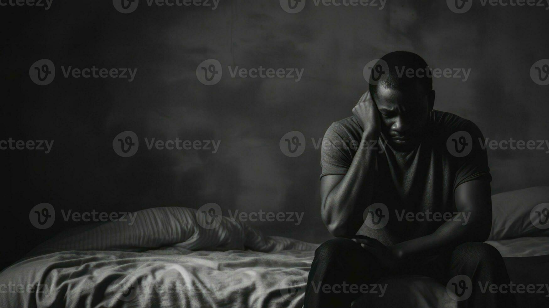 Man in depression sitting on the bed. Black and white photo. Generative AI photo