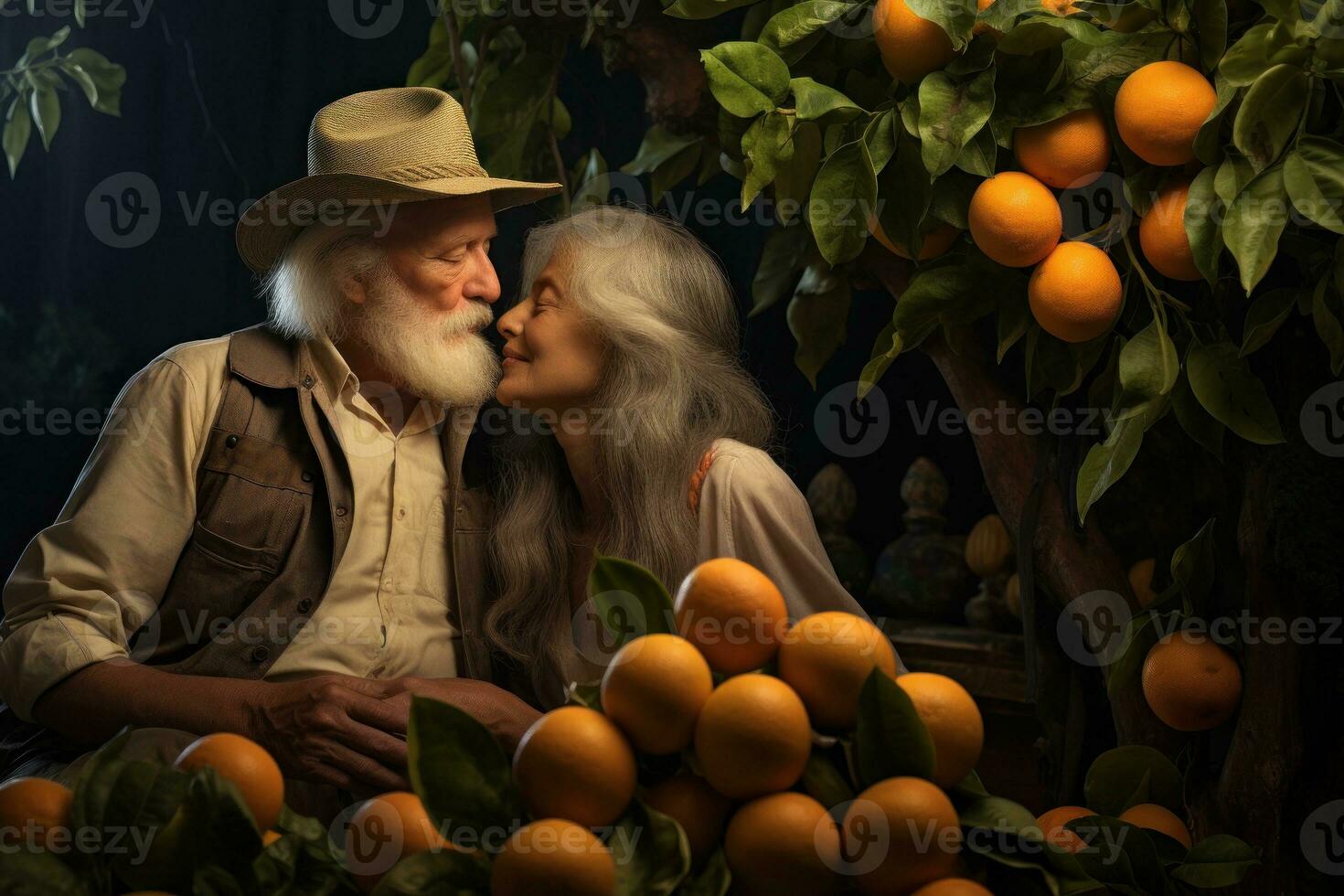Happy senior couple in love, old man and woman with oranges in the garden Generative AI photo