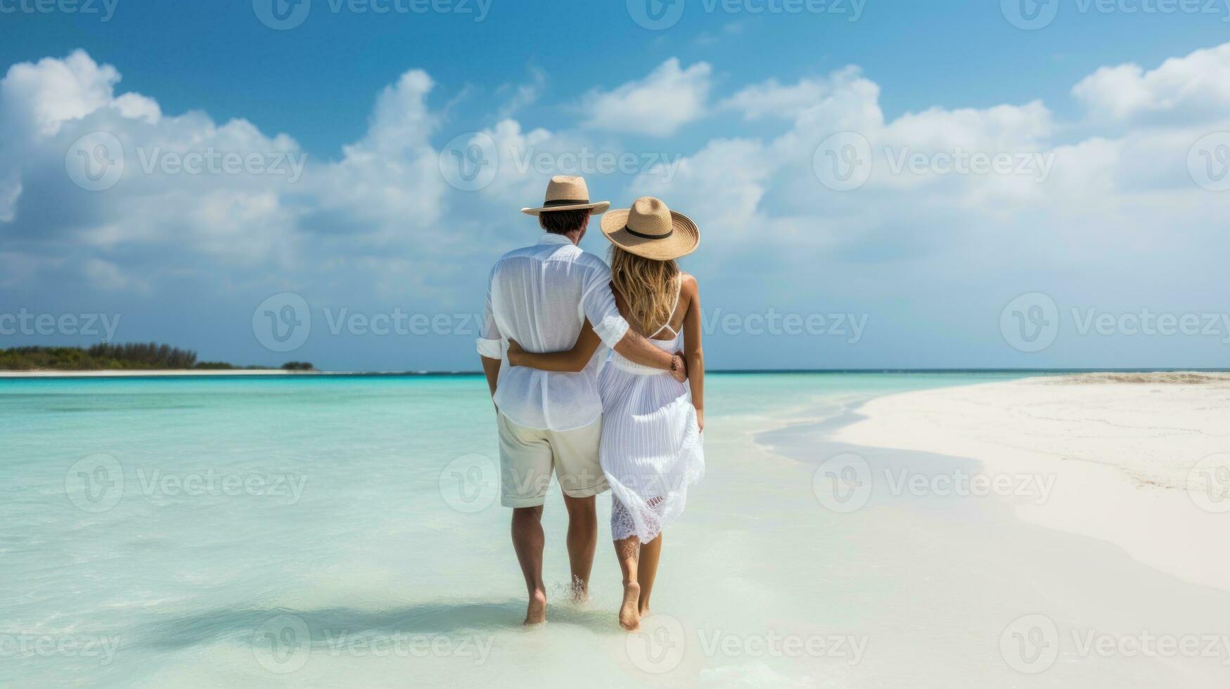 Couple in white clothes on a tropical beach at Maldives. Generative AI photo