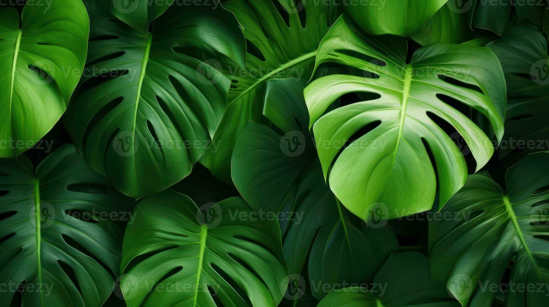 Monstera leaves seamless pattern, vector background. Realistic monstera leaves texture. Generative AI photo