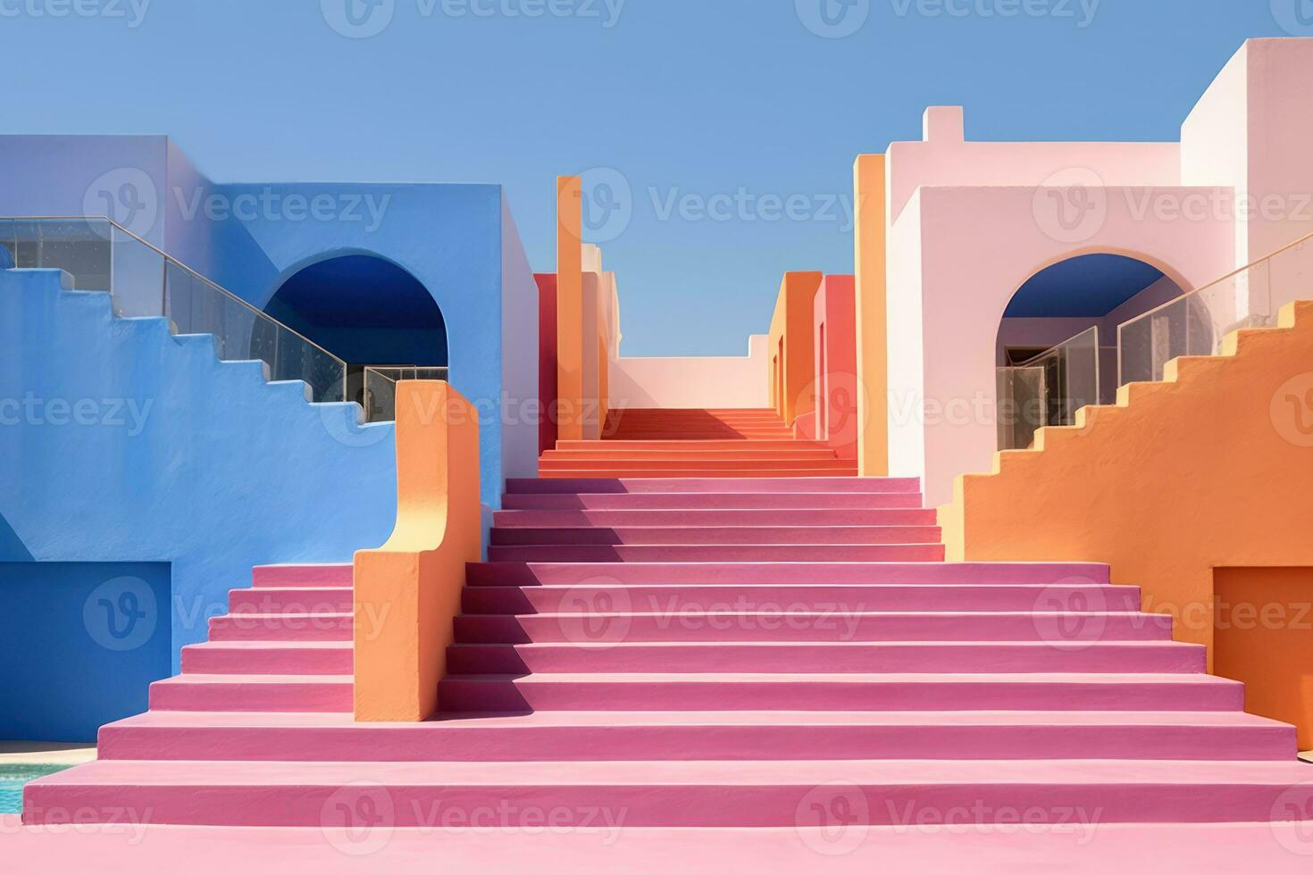 3D illustration of stairs in the style of minimalism on a blue background Generative AI photo
