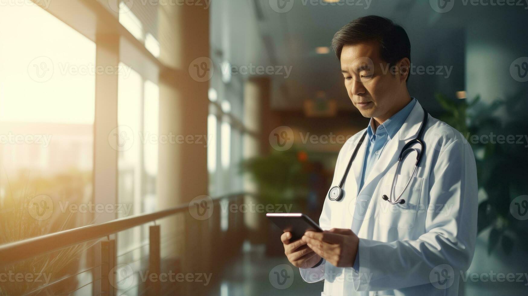 Male doctor using tablet computer at hospital corridor. Medical and healthcare concept. Generative AI photo