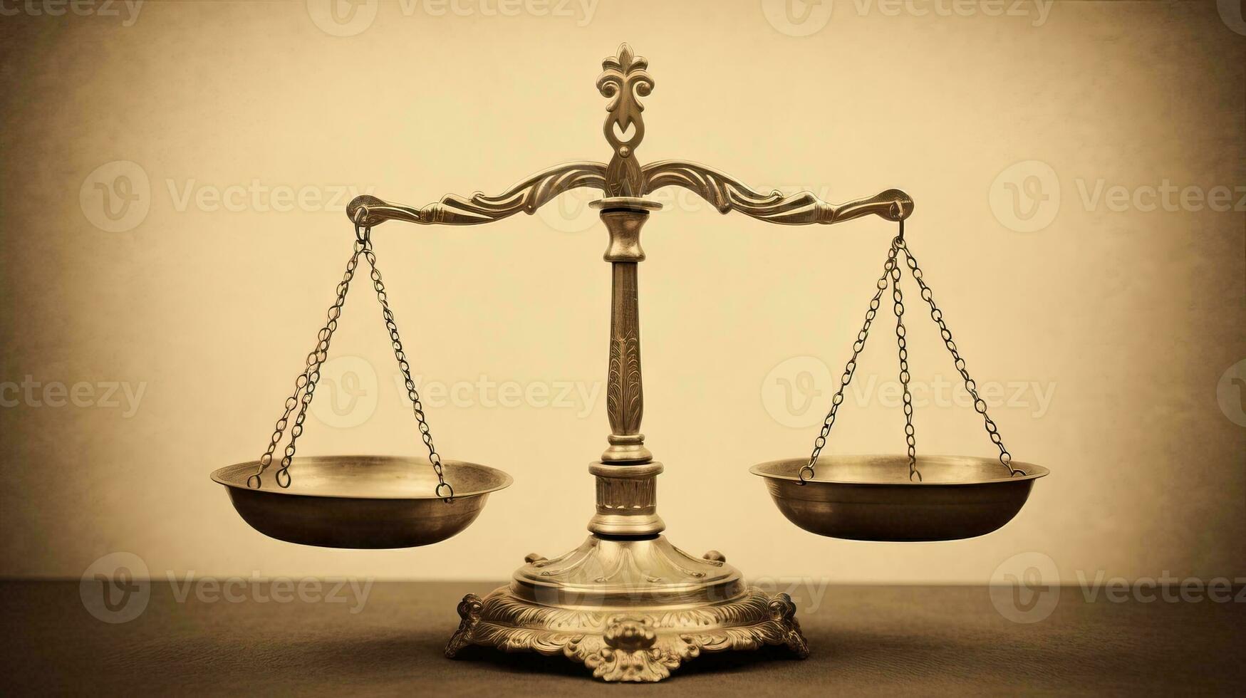 Scales of justice on a wooden table. The concept of law and justice. Generative AI photo