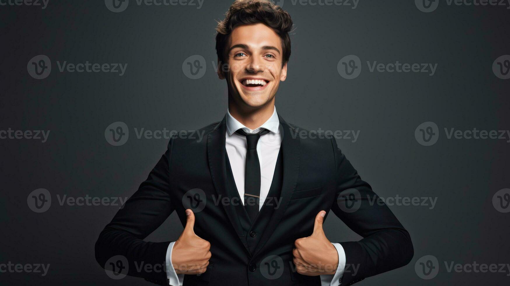 Portrait of a happy young businessman showing thumbs up gesture over dark background Generative AI photo