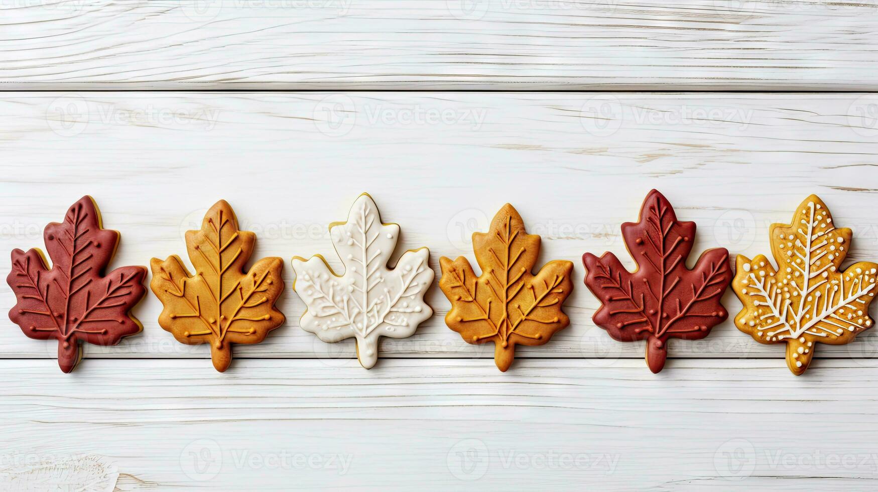 Creative layout made of autumn leaves on wooden background. Flat lay, top view. Generative AI photo