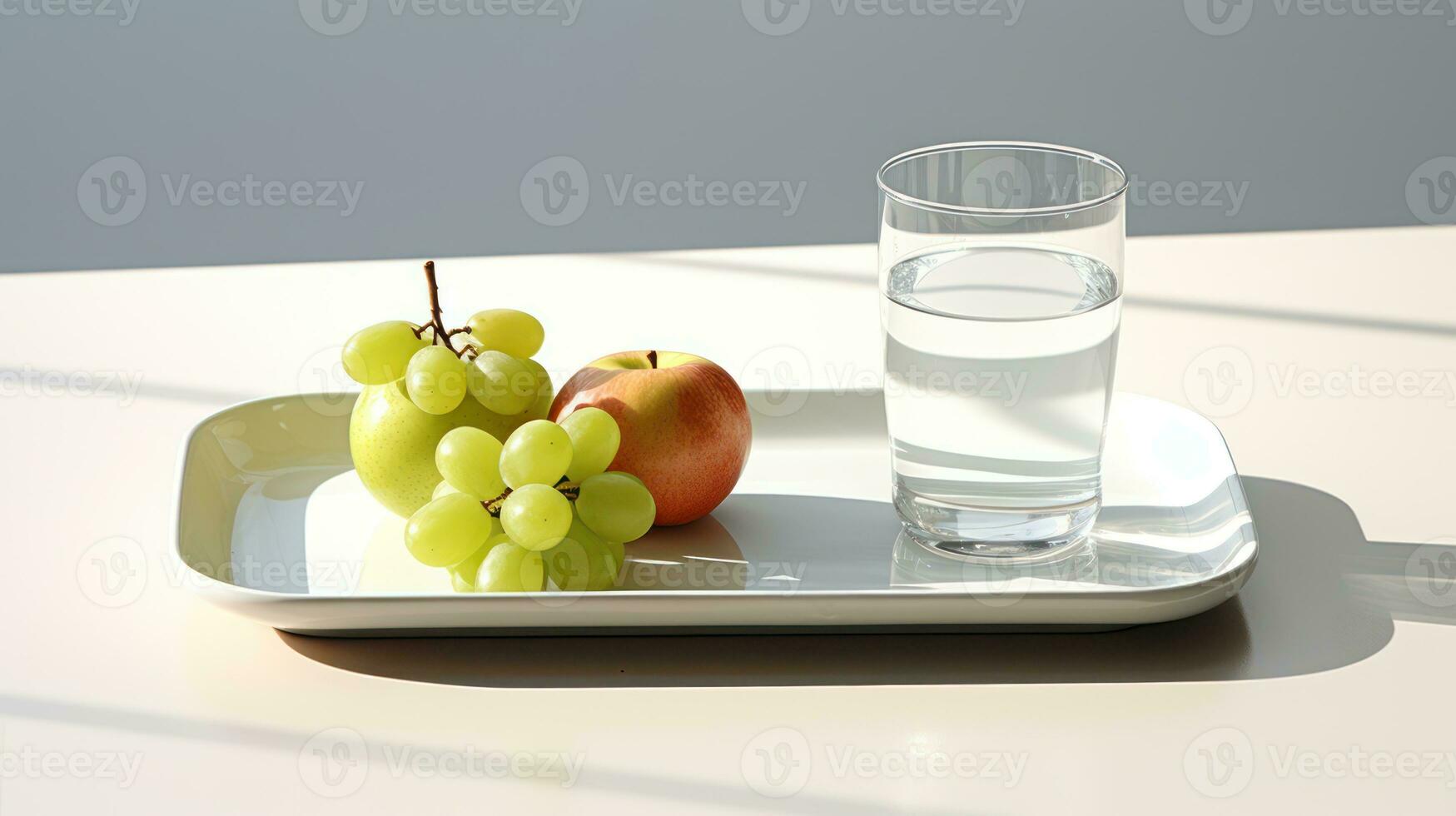 Glass of water, grapes and apples on a plate. 3d render Generative AI photo