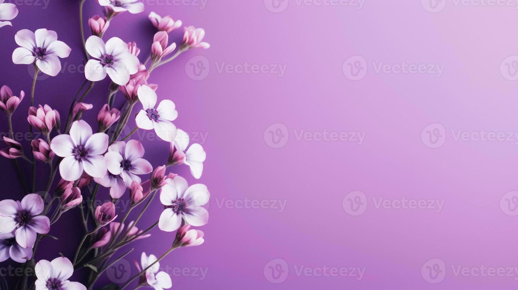 Beautiful spring flowers on a purple background. Place for your text. Generative AI photo