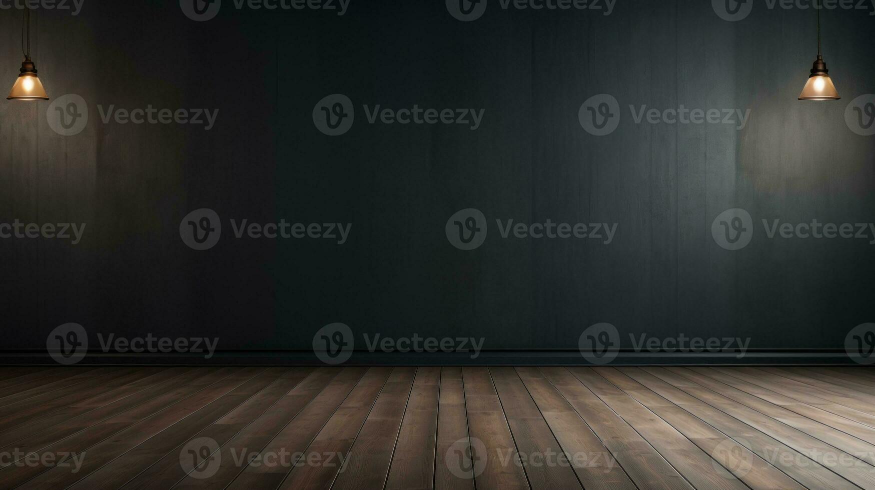 3d rendering of an empty room with wooden floor and ceiling lamps Generative AI photo