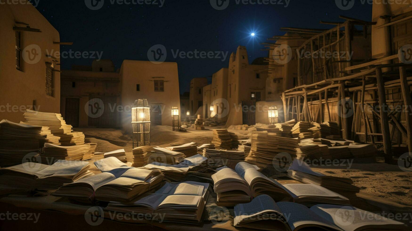 Night view of Timbuktu Manuscripts. Generative AI photo