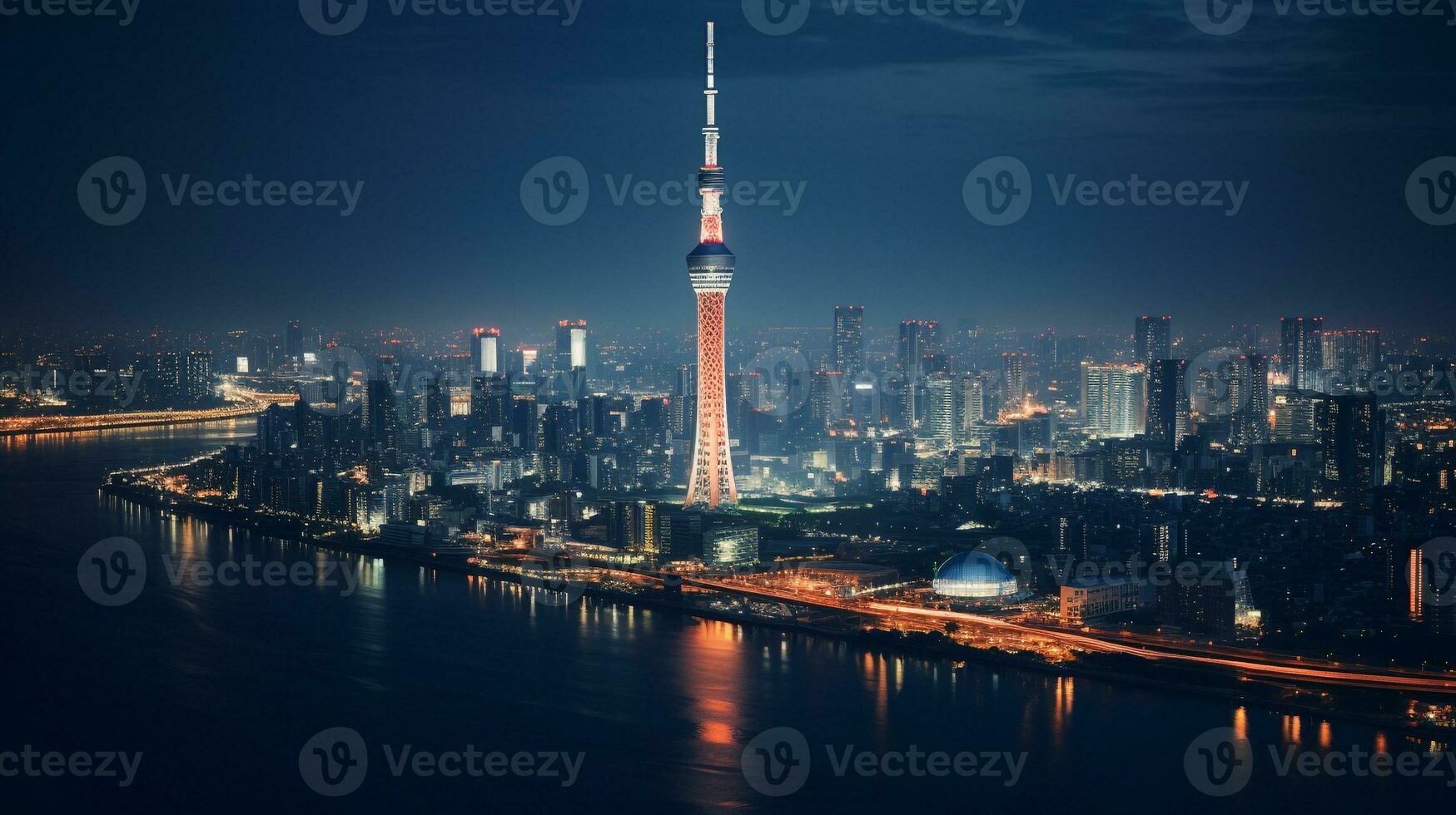 Night view of Tokyo Skytree. Generative AI photo