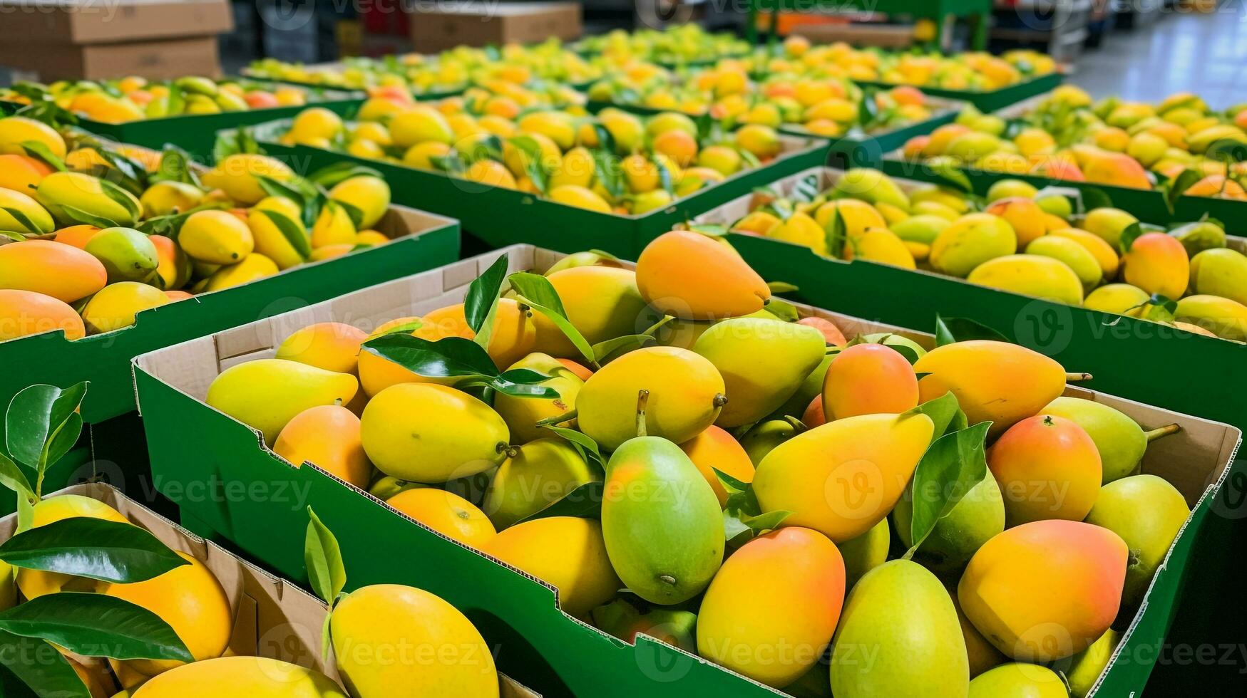 Freshly picked Mango fruit from garden placed in the boxes. Generative AI photo