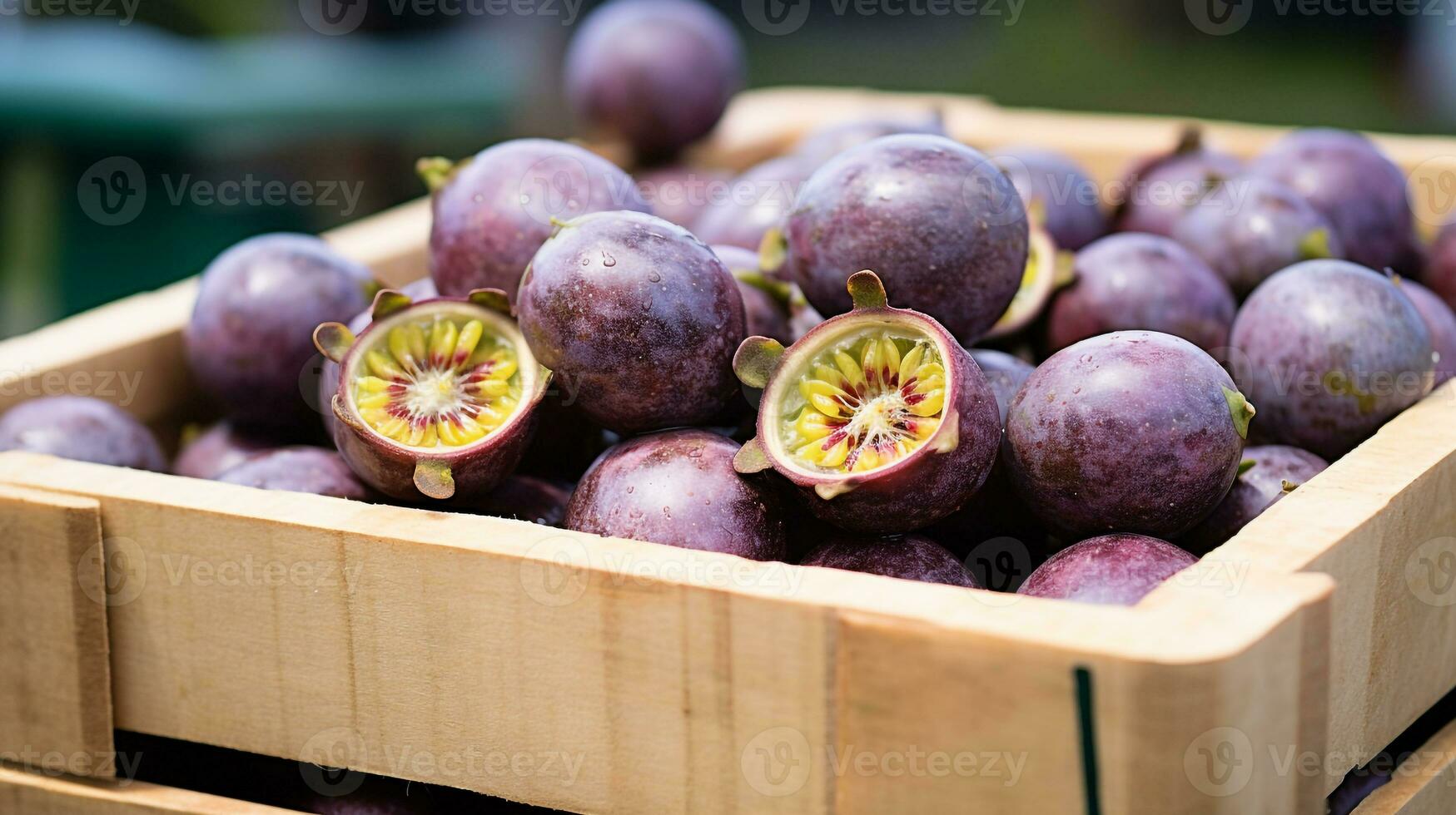 recién escogido pasión Fruta desde jardín metido en el cajas generativo ai foto