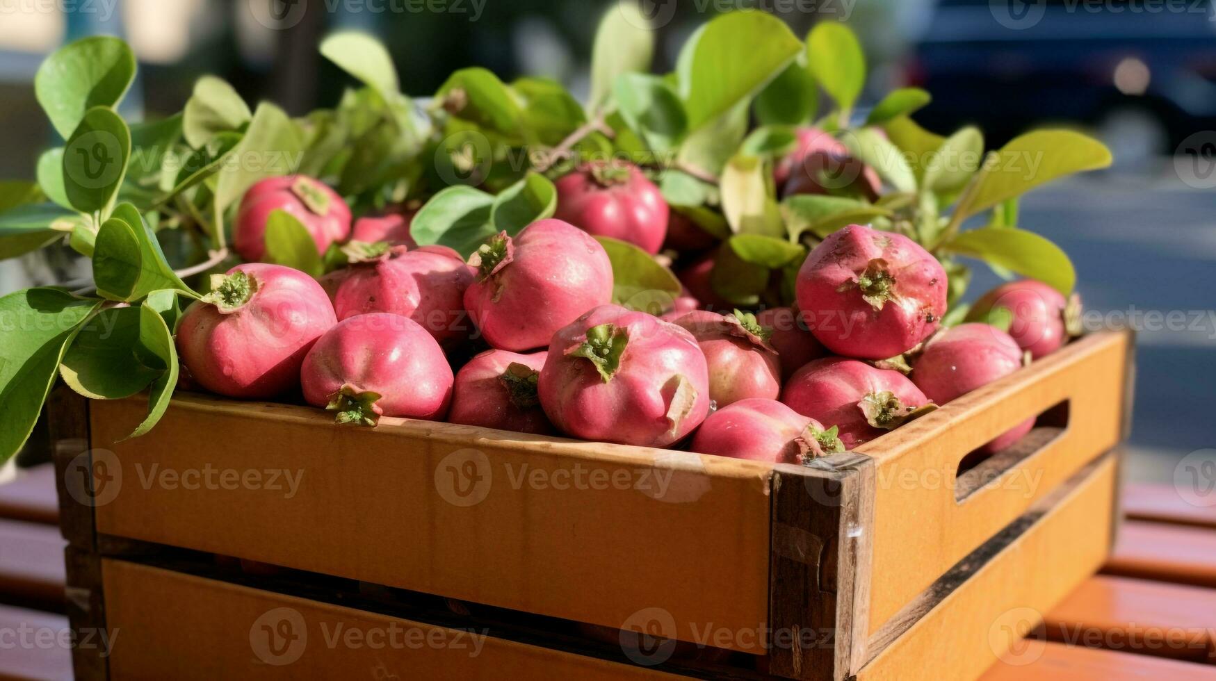 recién escogido guayaba Fruta desde jardín metido en el cajas generativo ai foto