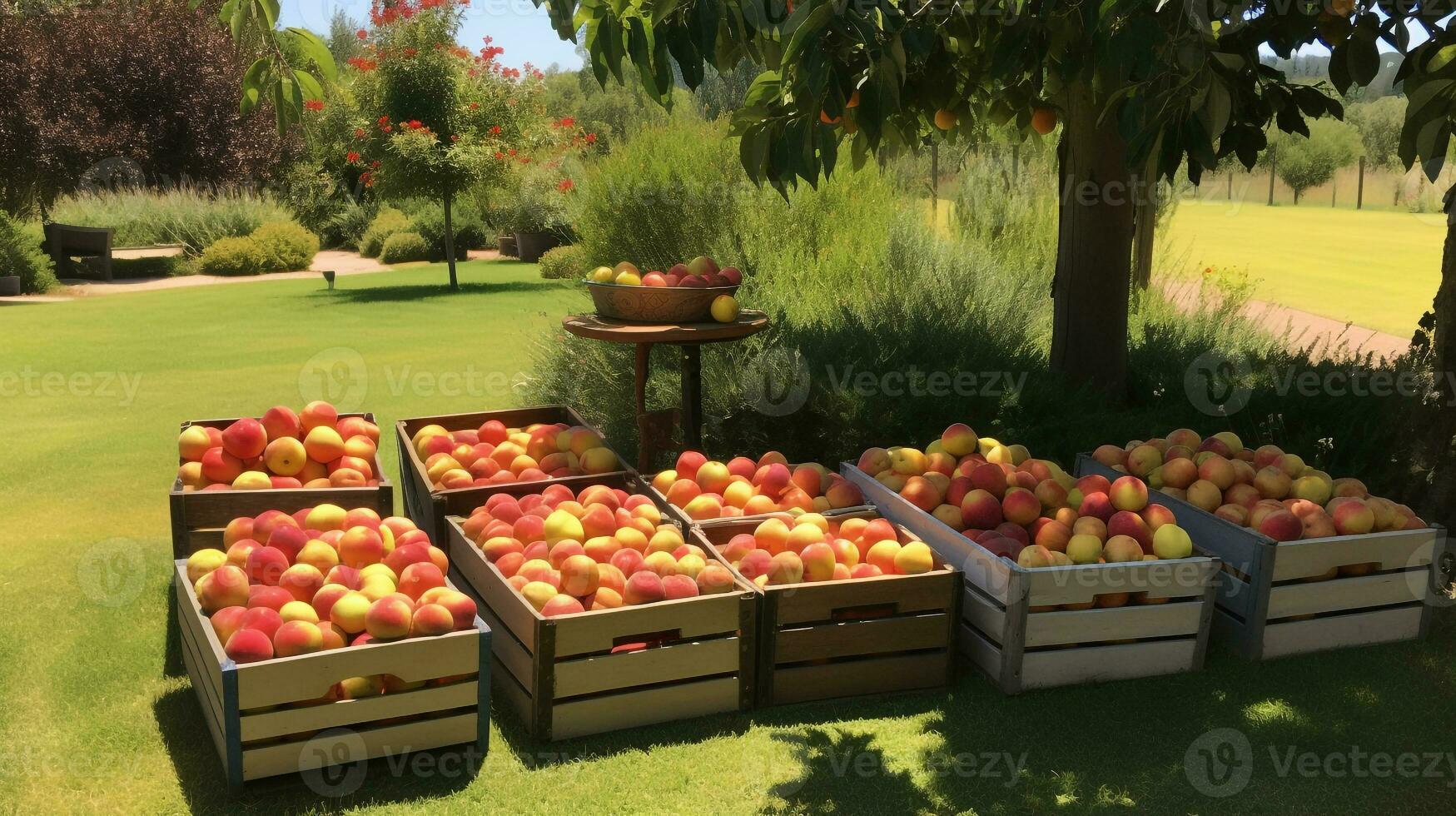 recién escogido chico Fruta desde jardín metido en el cajas generativo ai foto