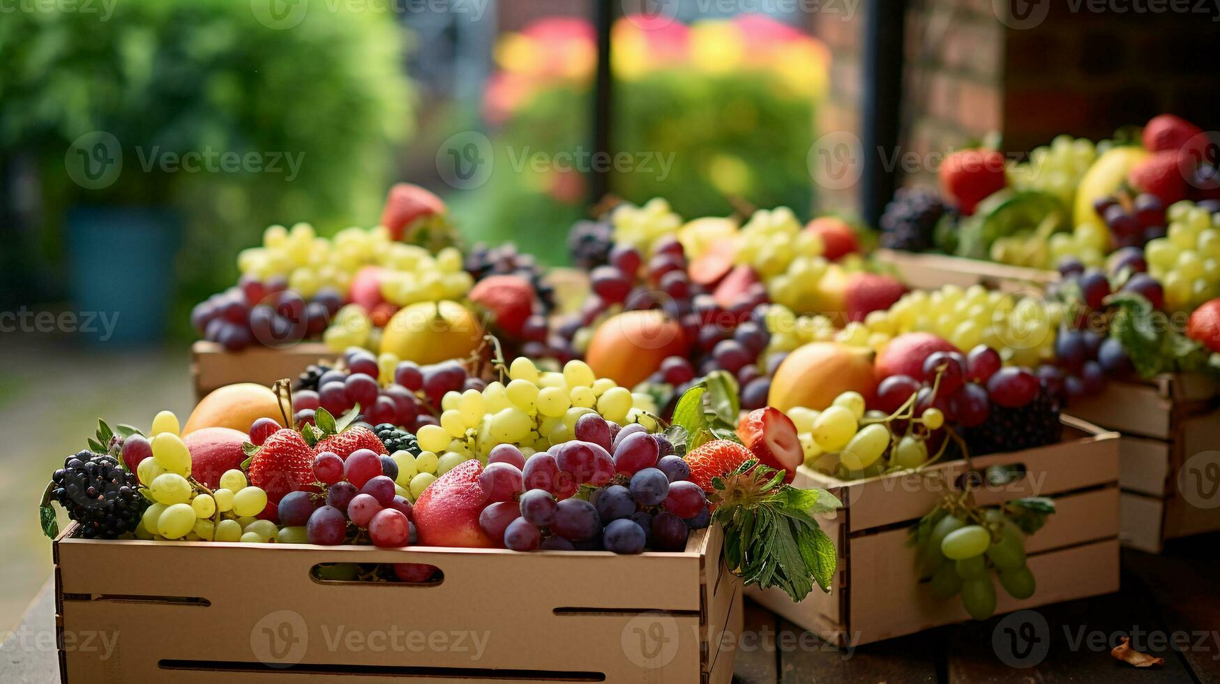 Freshly picked Champagne fruit from garden placed in the boxes. Generative AI photo