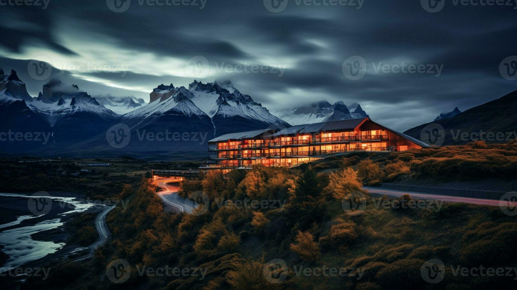 Night view of Torres del Paine Hotel. Generative AI photo