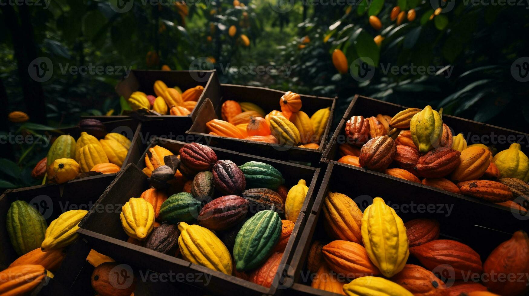 recién escogido cacao Fruta desde jardín metido en el cajas generativo ai foto