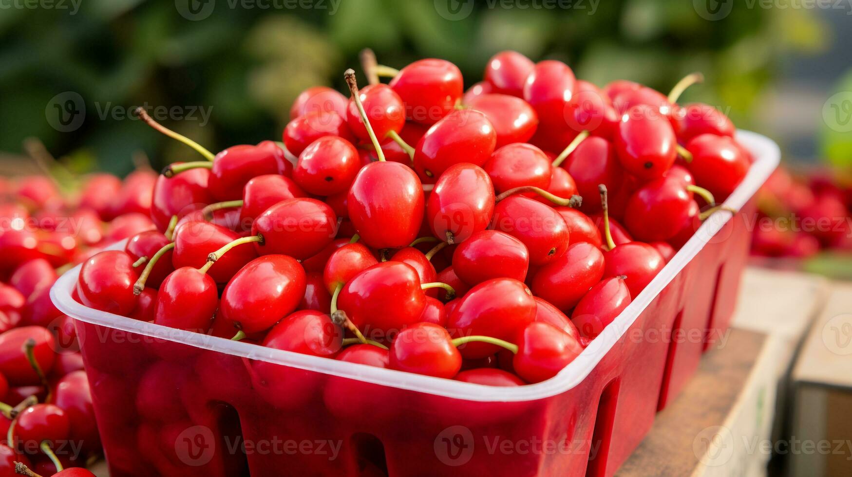 Freshly picked Barbados cherry fruit from garden placed in the boxes. Generative AI photo