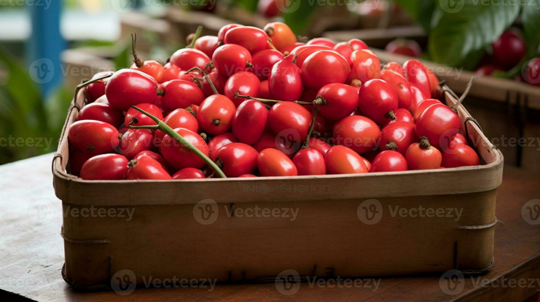 Freshly picked Barbados cherry fruit from garden placed in the boxes. Generative AI photo
