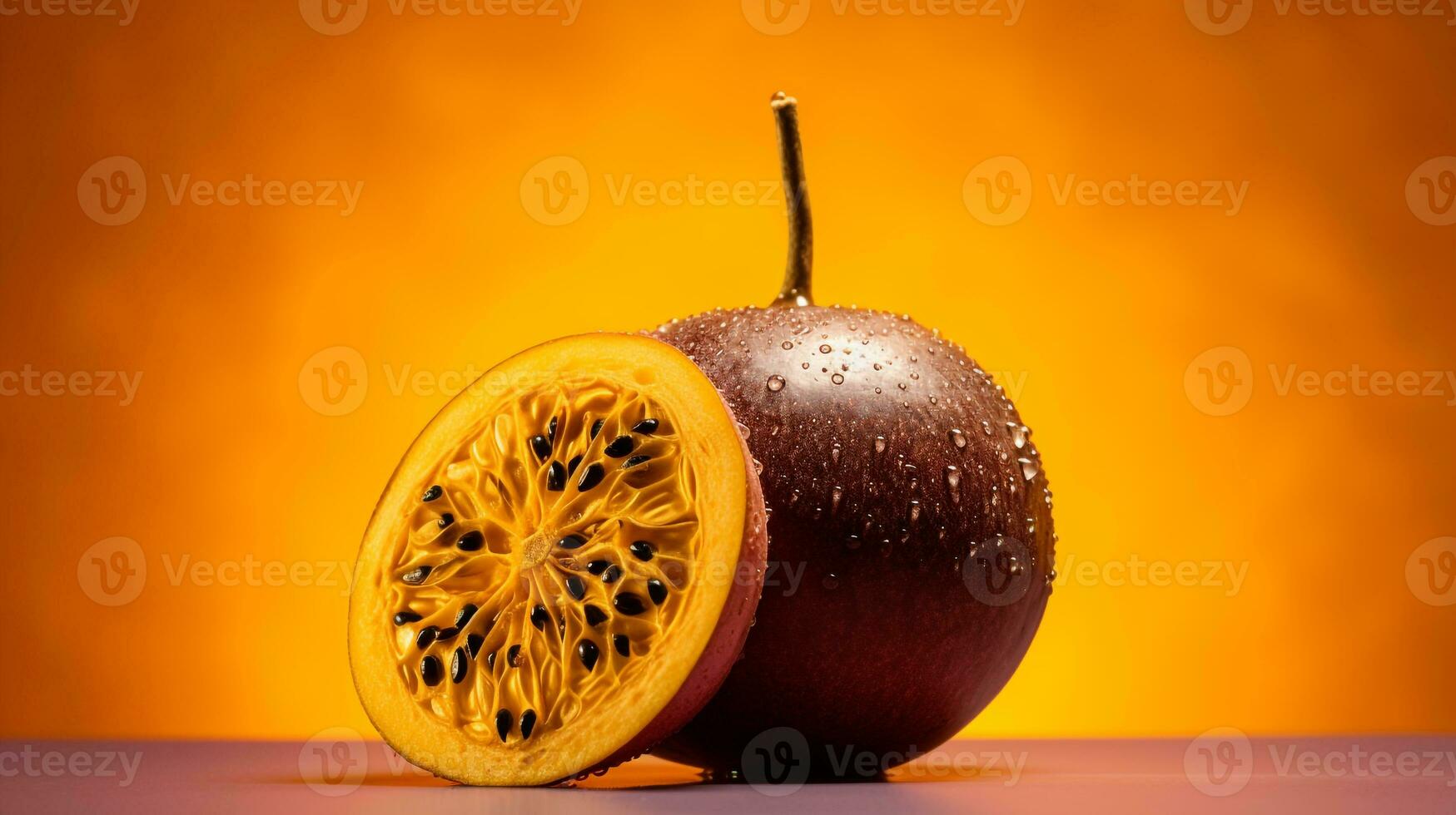 Photo of Carica fruit half against a colorful abstract background. Generative AI