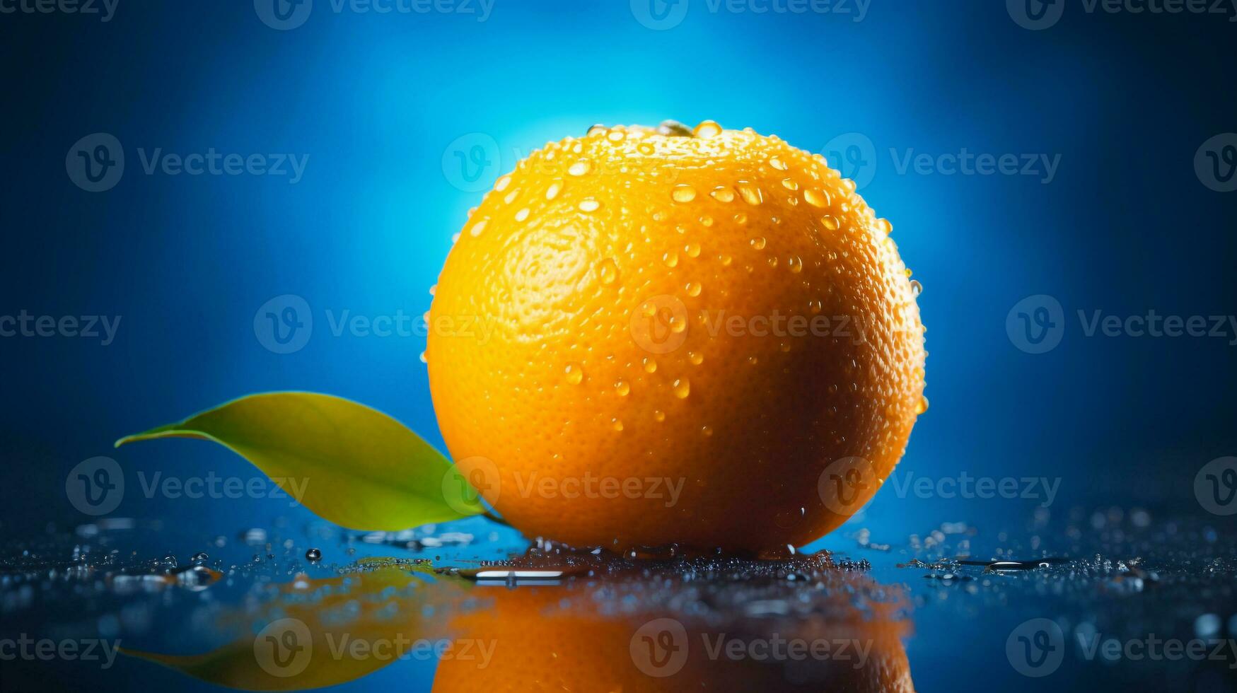 Photo of Mandarin orange fruit half against a colorful abstract background. Generative AI