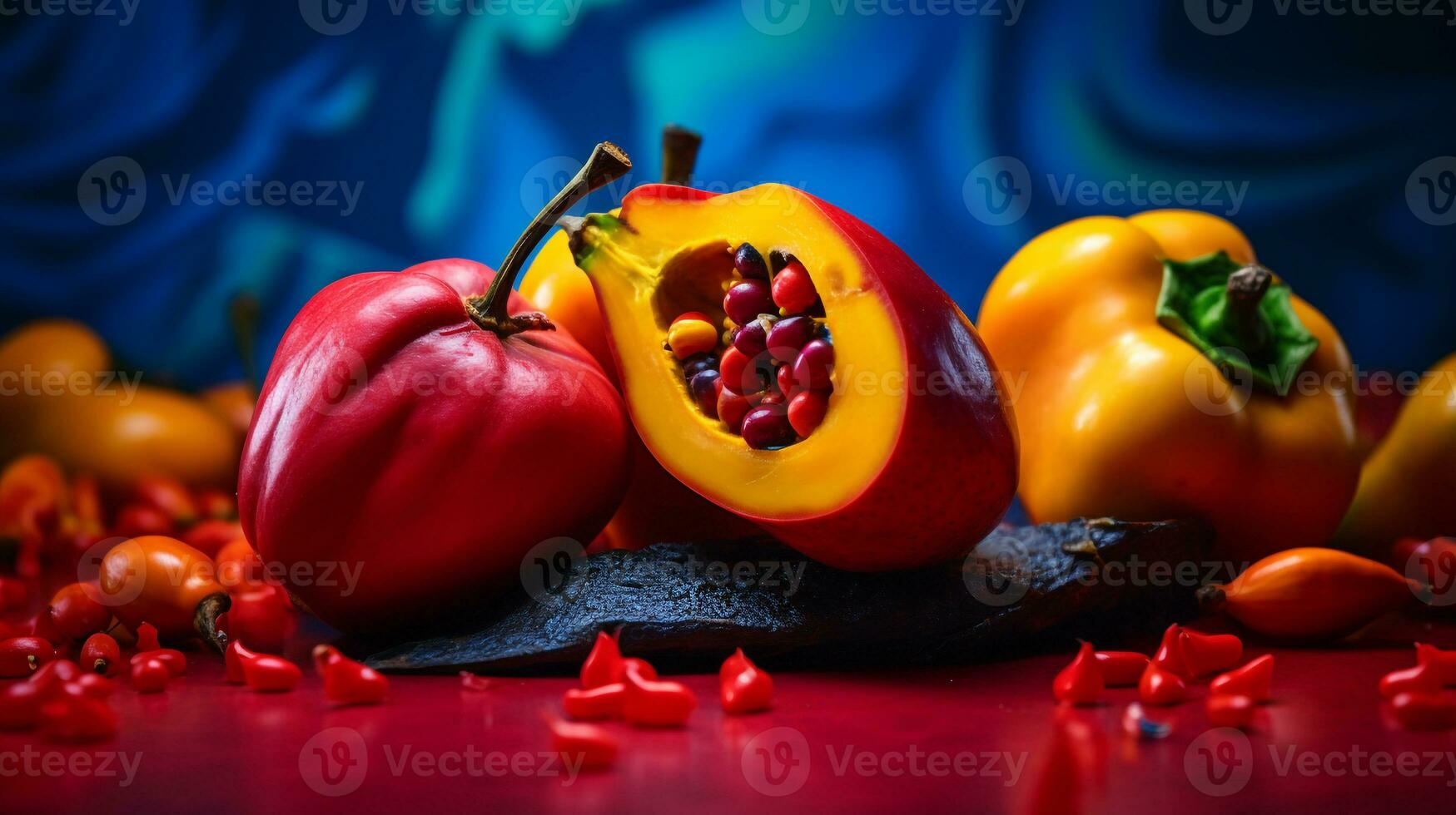 Photo of Ackee fruit half against a colorful abstract background. Generative AI