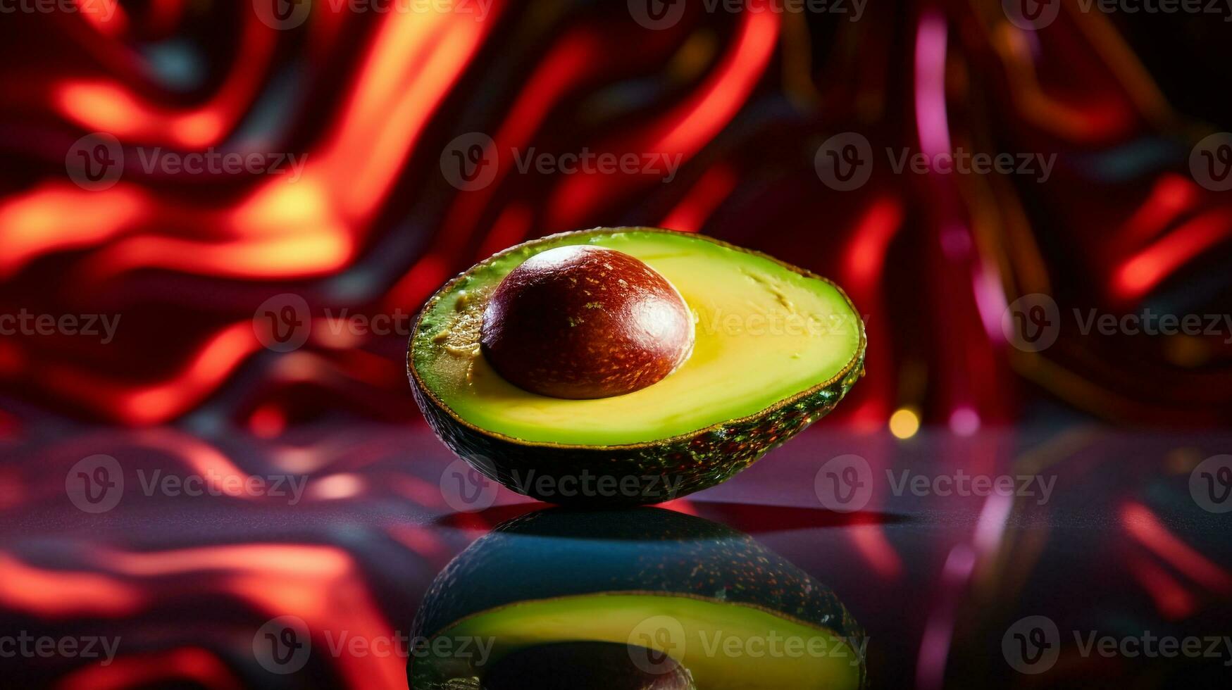 Photo of Avocado fruit half against a colorful abstract background. Generative AI