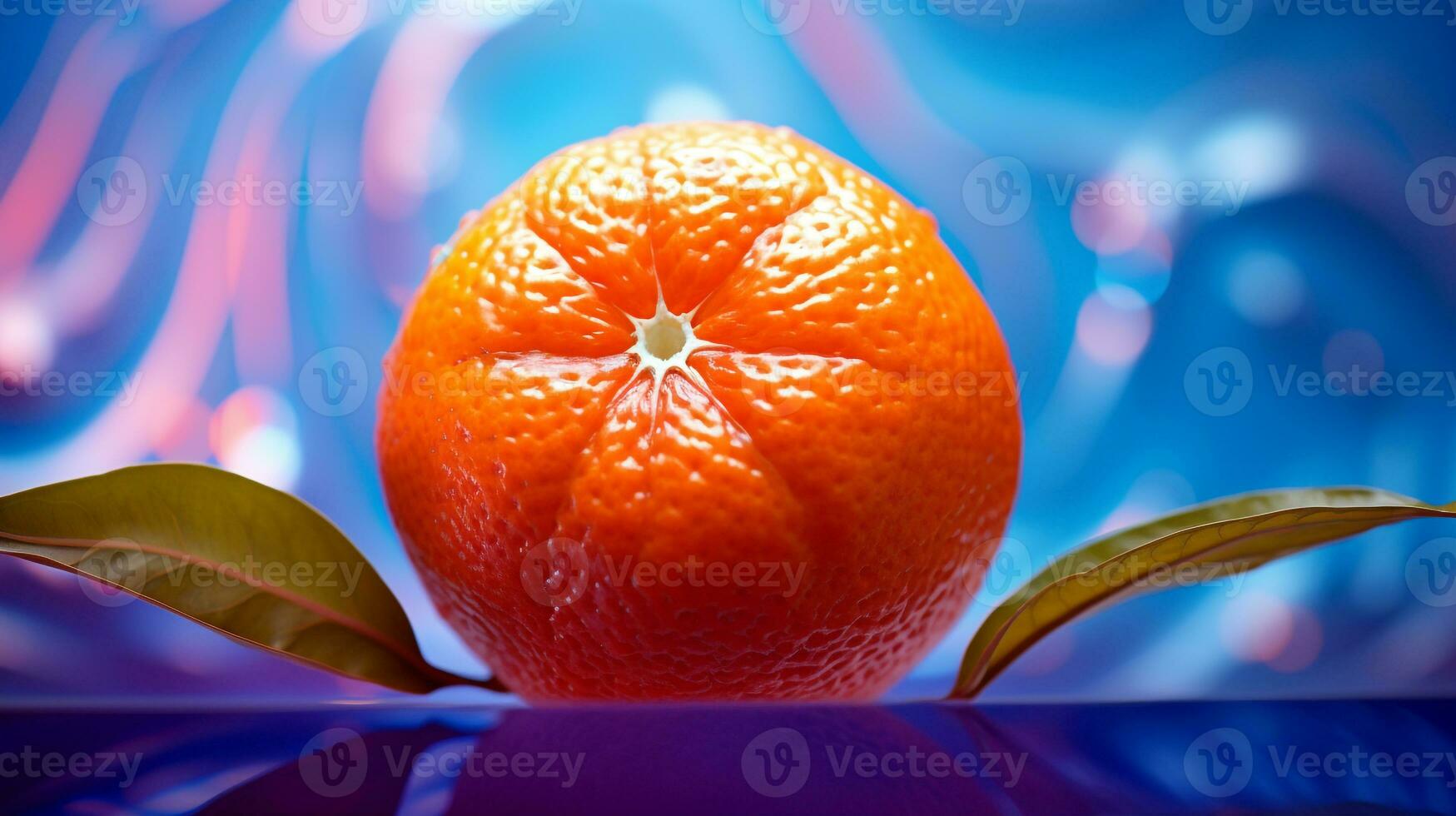 Photo of Mandarin fruit half against a colorful abstract background. Generative AI