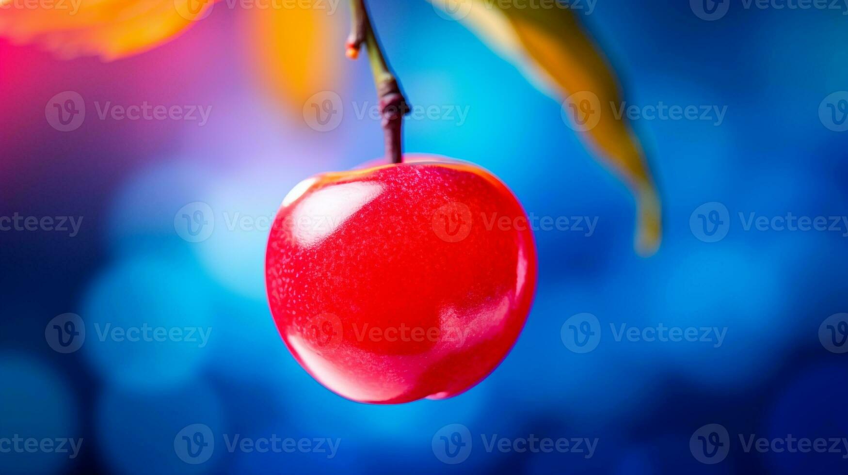 Photo of Barbados cherry fruit half against a colorful abstract background. Generative AI