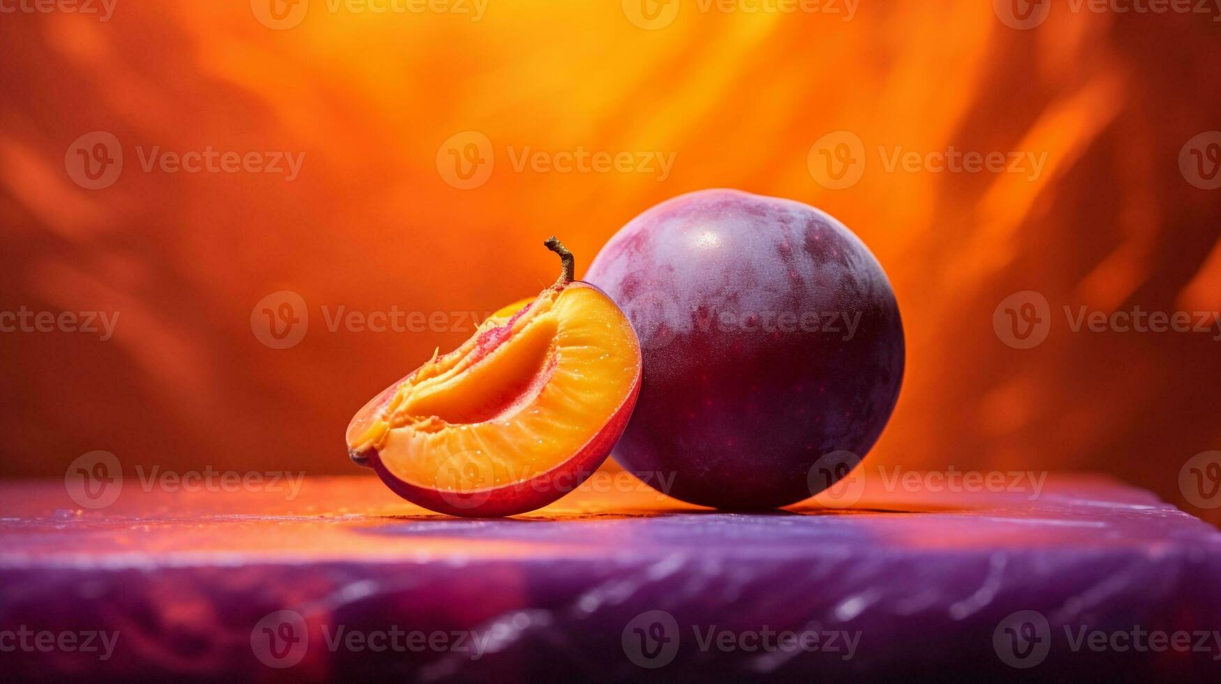 Photo of Batako plum fruit half against a colorful abstract background. Generative AI