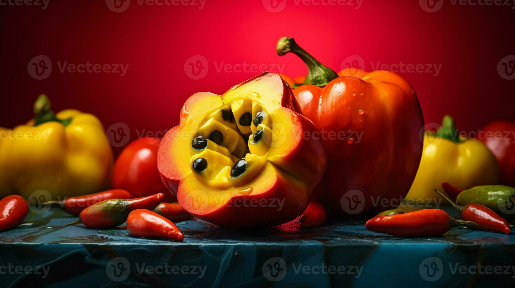 Photo of Ackee fruit half against a colorful abstract background. Generative AI