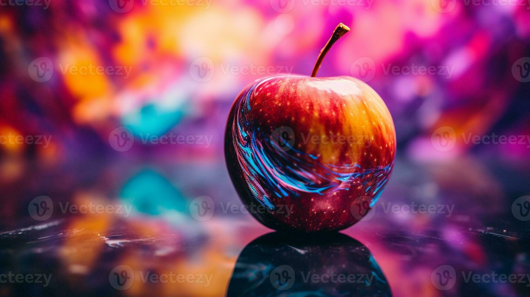 Photo of Apple fruit half against a colorful abstract background. Generative AI