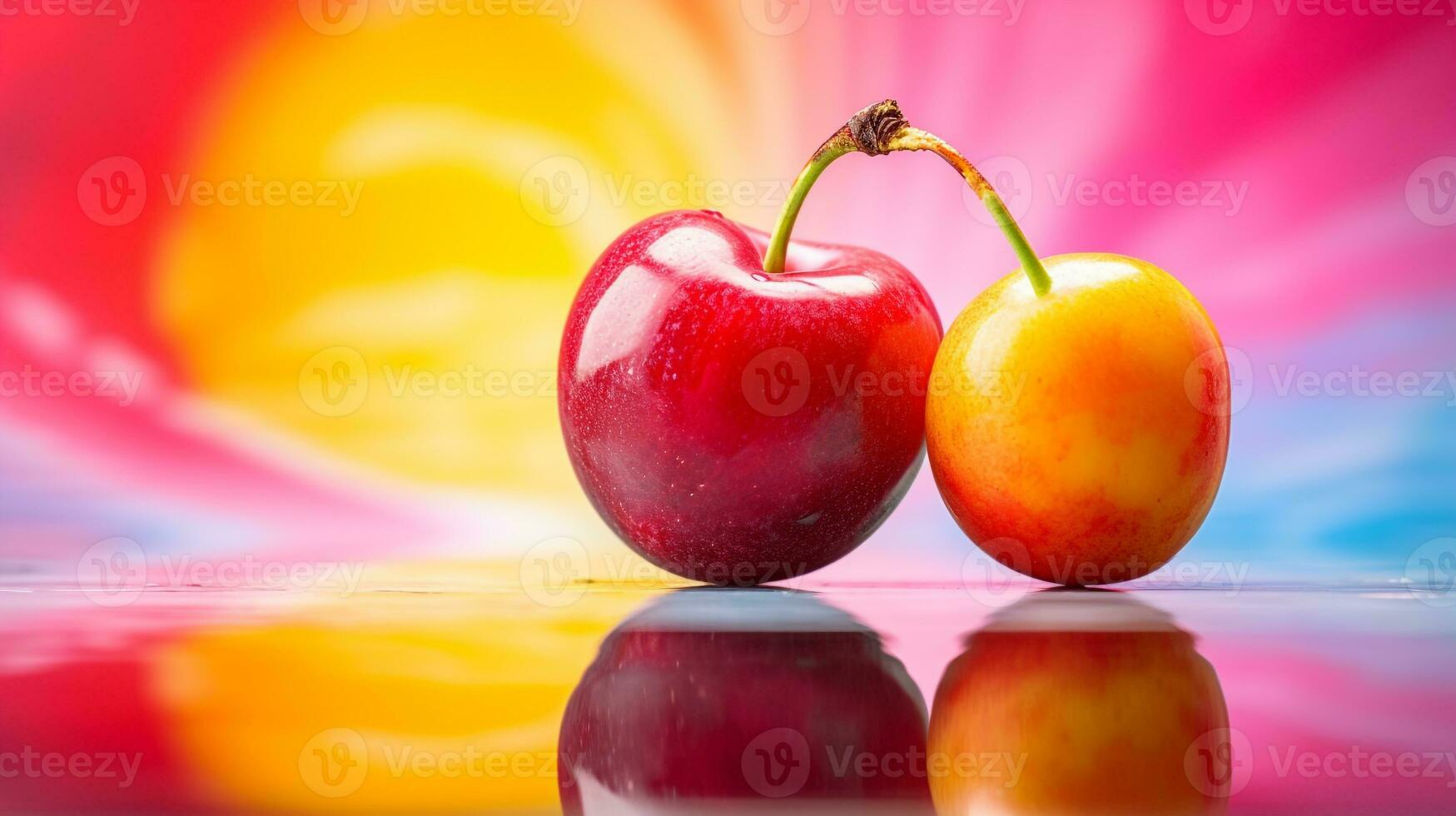 Photo of Barbados cherry fruit half against a colorful abstract background. Generative AI