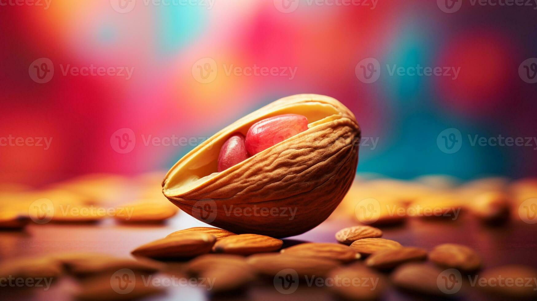 Photo of Almond fruit half against a colorful abstract background. Generative AI
