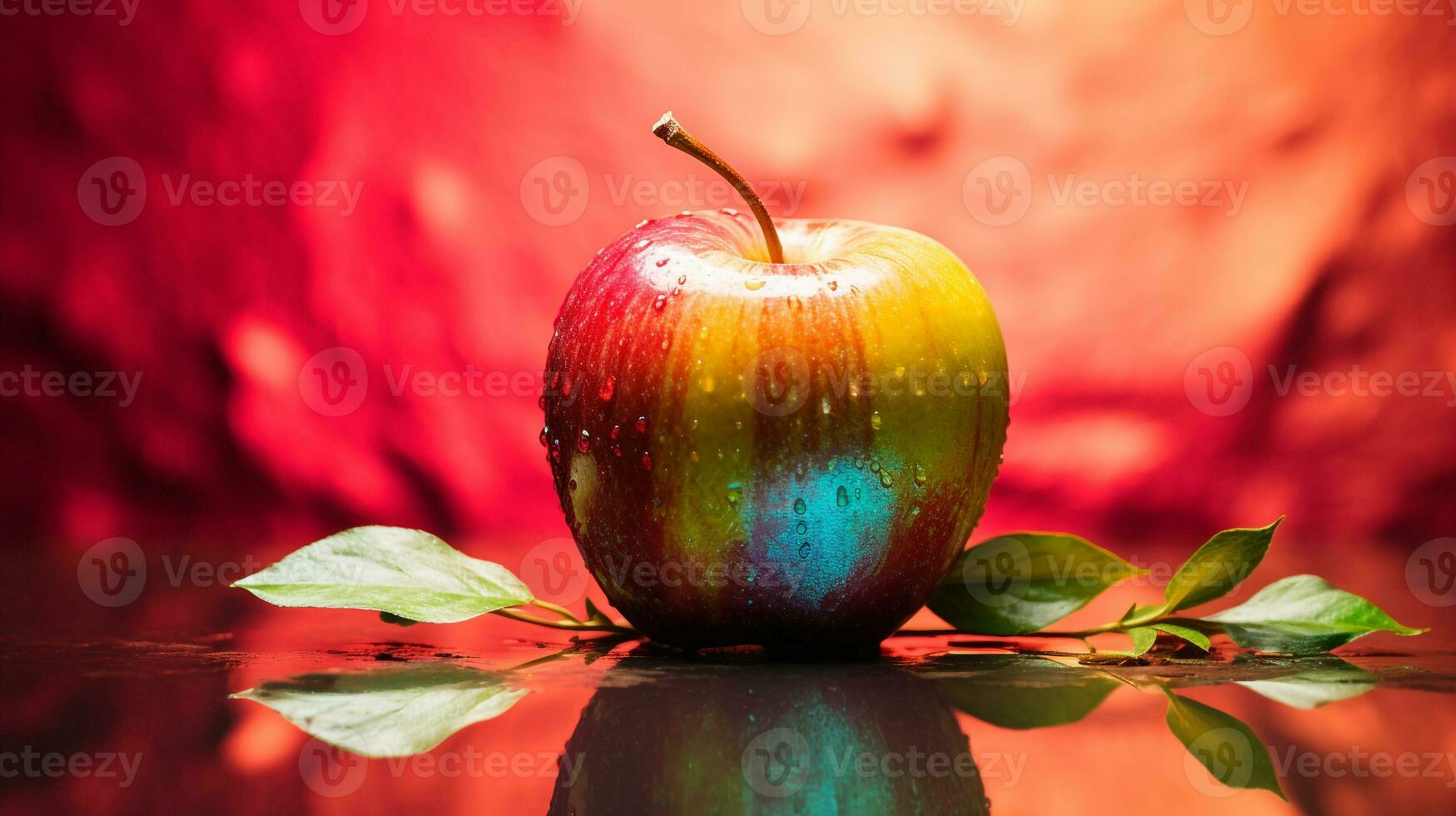 foto de manzana Fruta medio en contra un vistoso resumen antecedentes. generativo ai