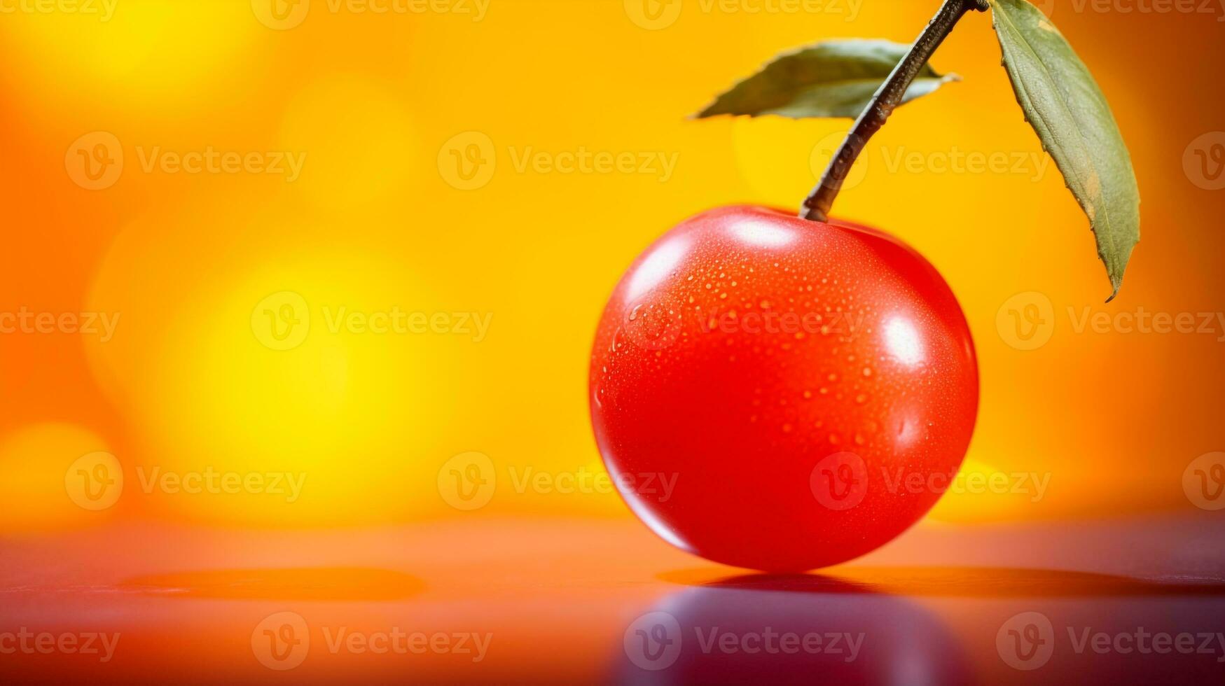 Photo of Barbados cherry fruit half against a colorful abstract background. Generative AI