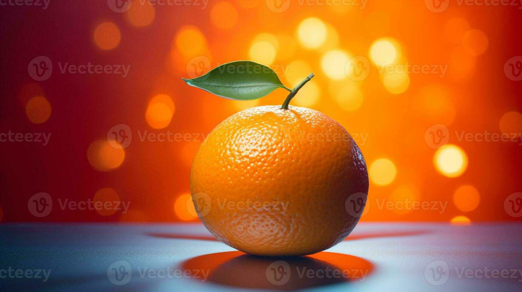 Photo of Mandarin orange fruit half against a colorful abstract background. Generative AI