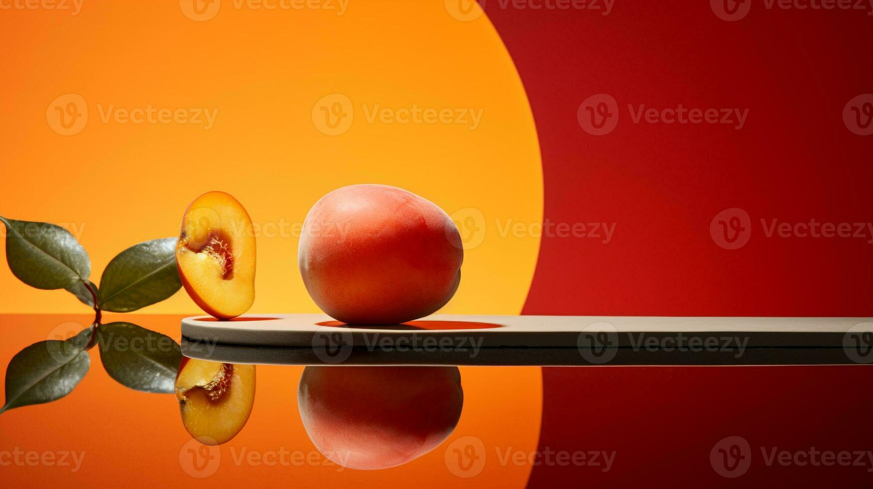 Photo of Apricot fruit half against a colorful abstract background. Generative AI