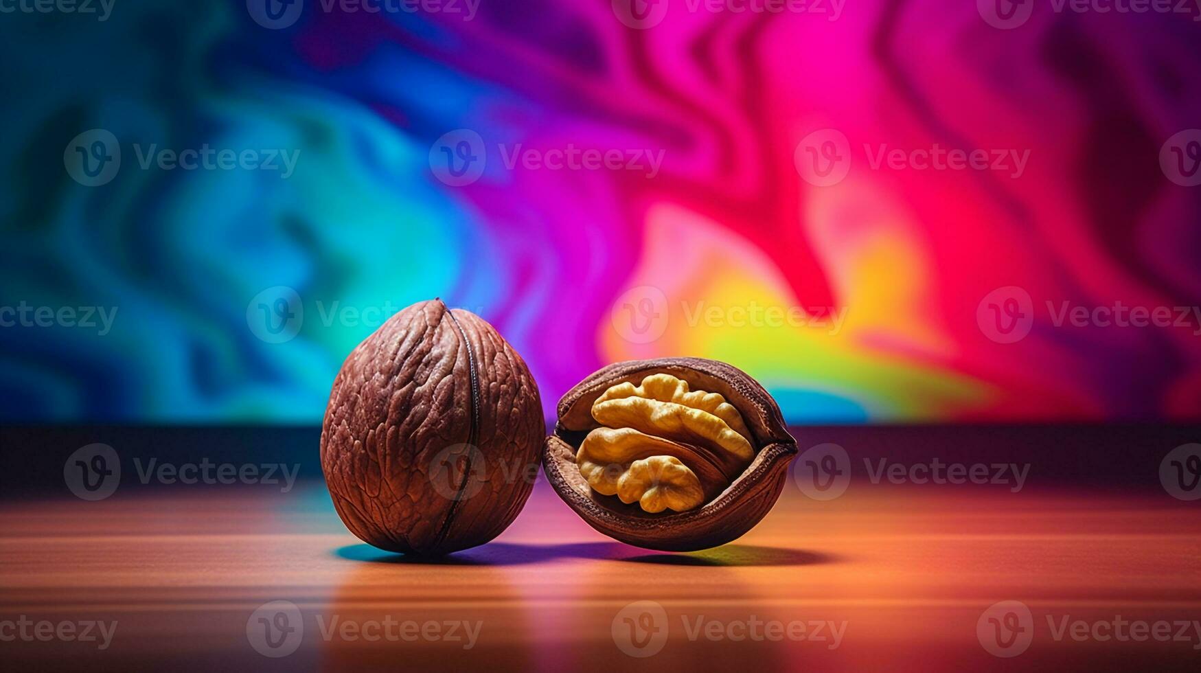 Photo of Walnut fruit half against a colorful abstract background. Generative AI