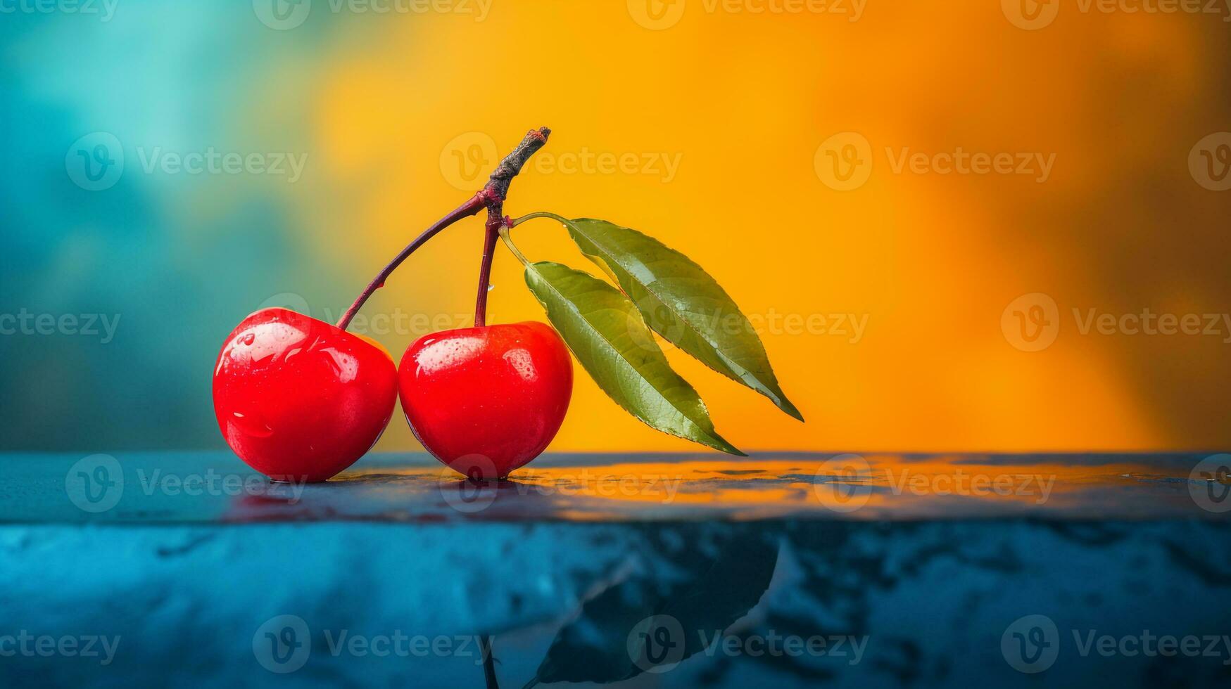 Photo of Barbados cherry fruit half against a colorful abstract background. Generative AI