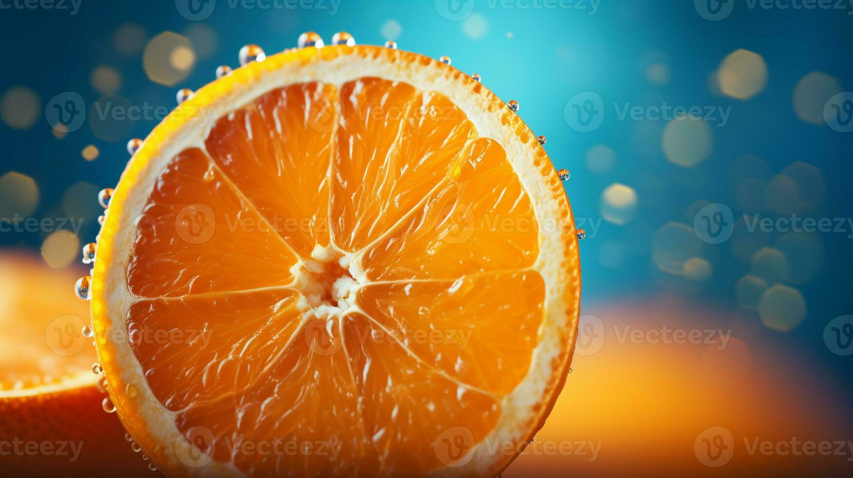 Photo of Orange fruit half against a colorful abstract background. Generative AI