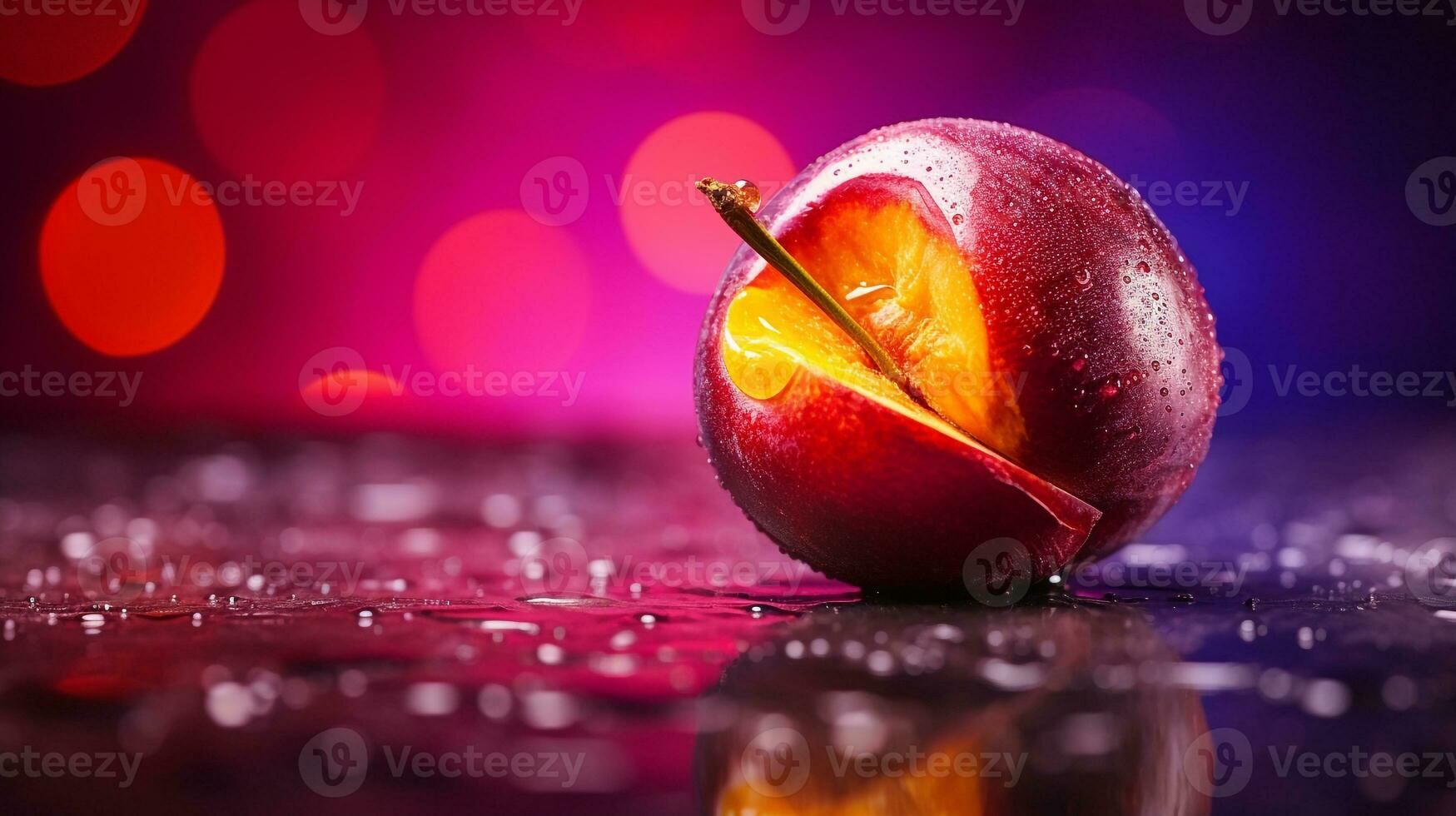 Photo of Batako plum fruit half against a colorful abstract background. Generative AI