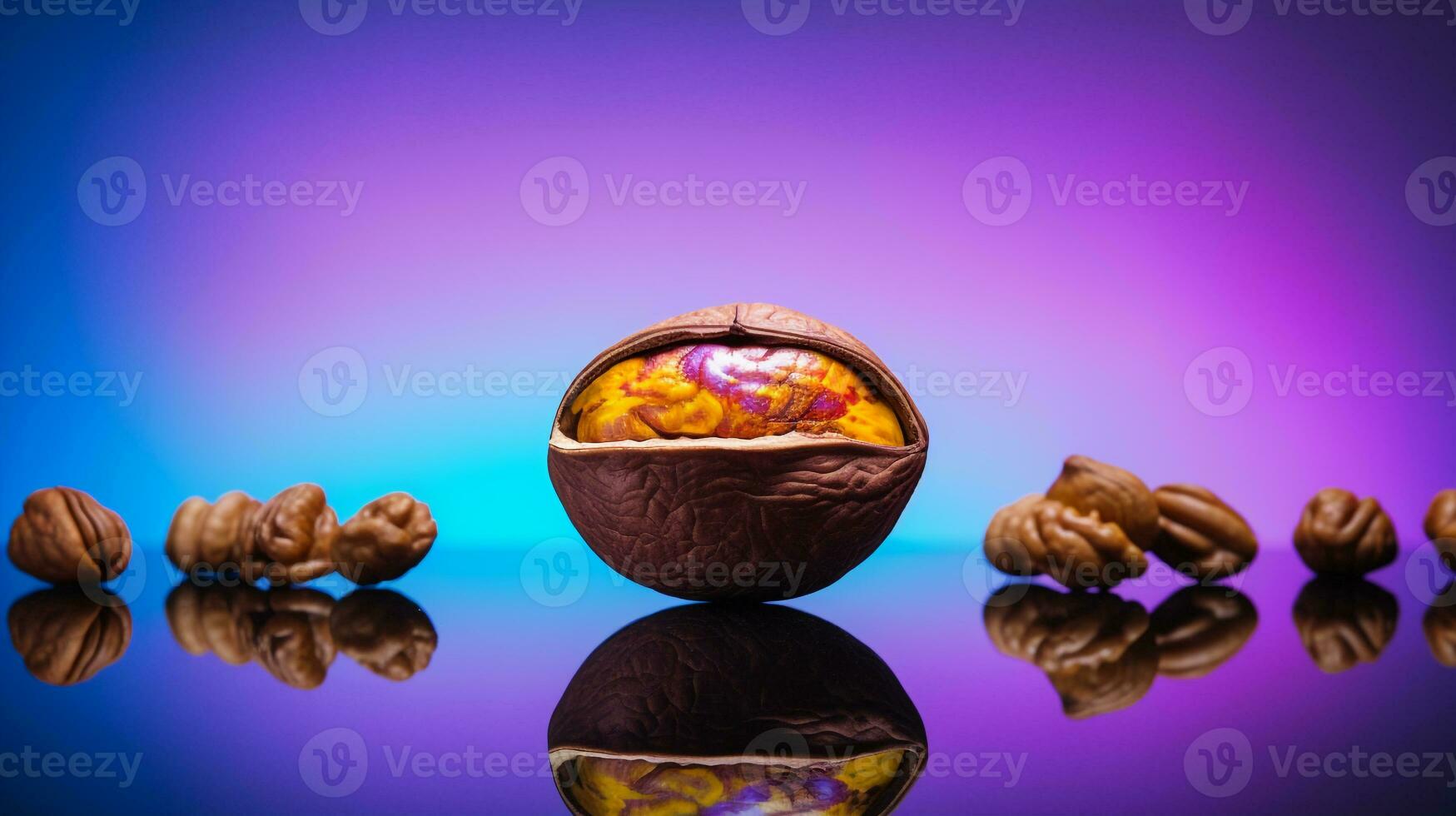 Photo of Walnut fruit half against a colorful abstract background. Generative AI
