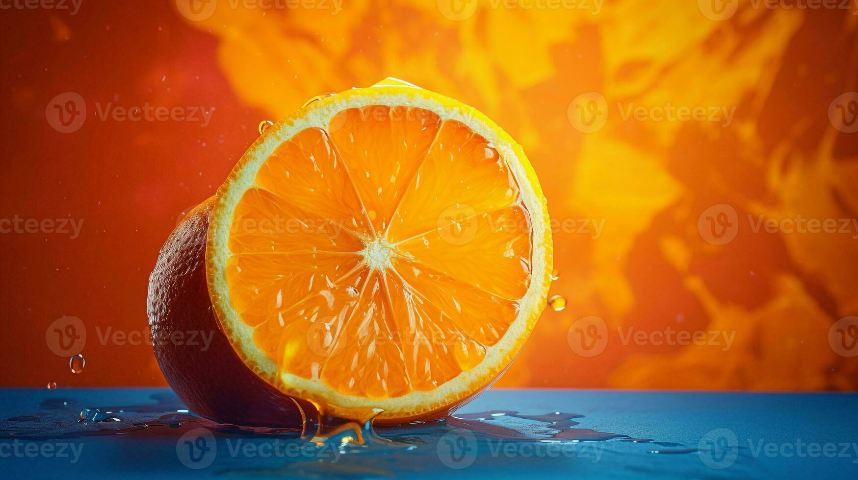 Photo of Tangerine fruit half against a colorful abstract background. Generative AI